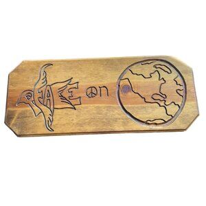 Vintage Huge Peace On Earth Carved Wood Folk Art Signed Earth Day u